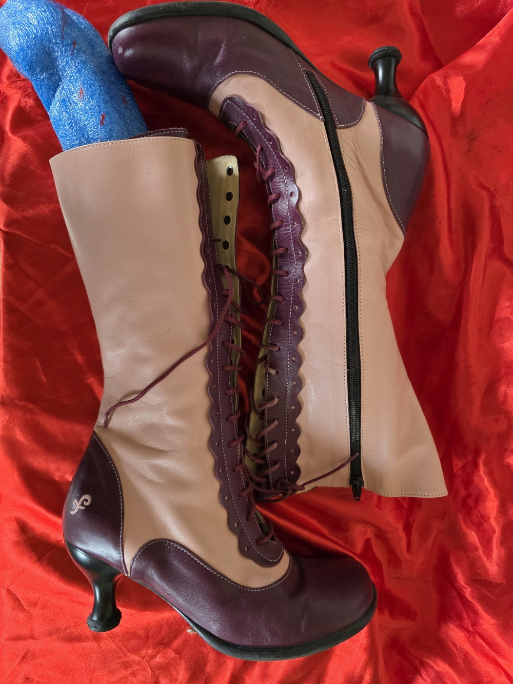 Fluevog Katrin Hi Two-Tone Lace-Up Mid-Calf Boots in Plum and Rose